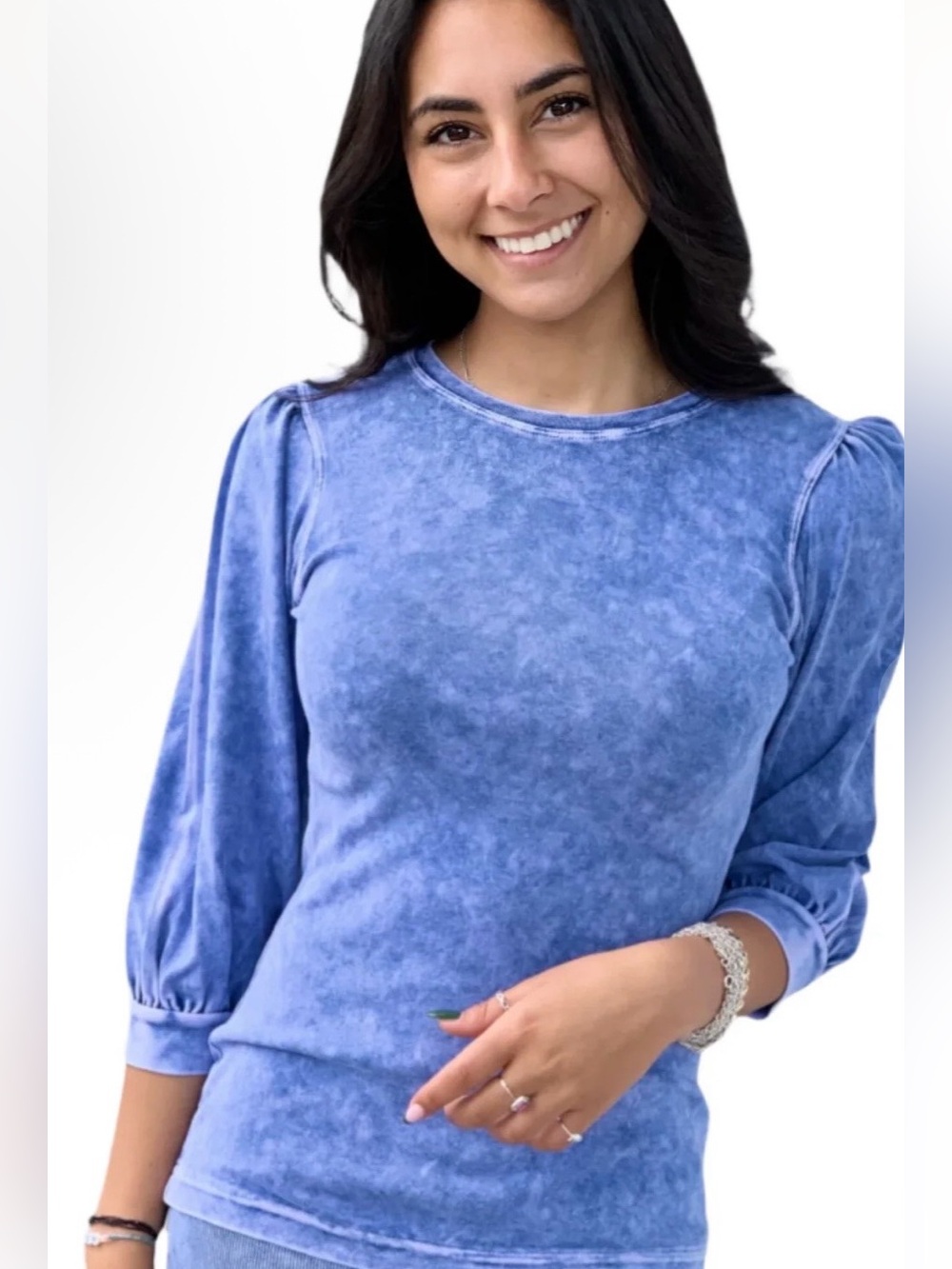Hard Tail  Blue Mineral-Wash Puff Sleeve Top